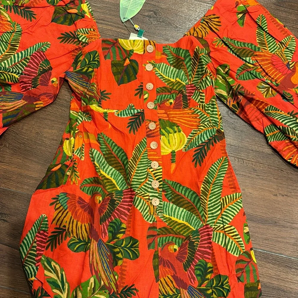 FARM Rio NWT Red Forest Birds Romper with Balloon Sleeves and front Buttons. - Picture 7 of 16